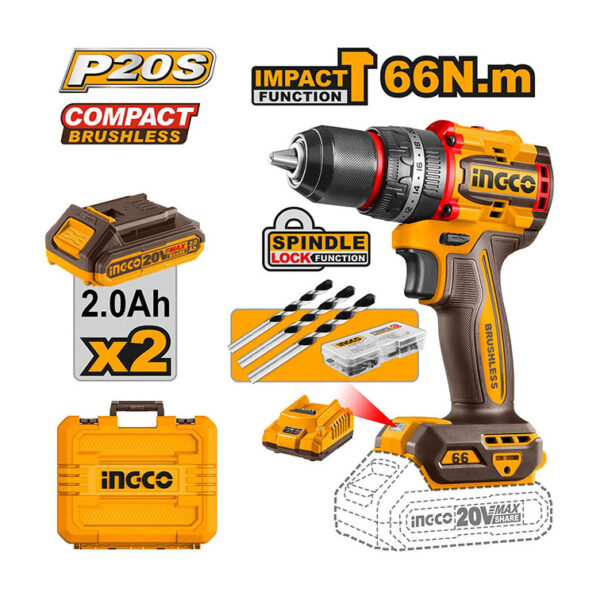 INGCO 20v Brushless Impact Drill - 66Nm (CIDLI20668)